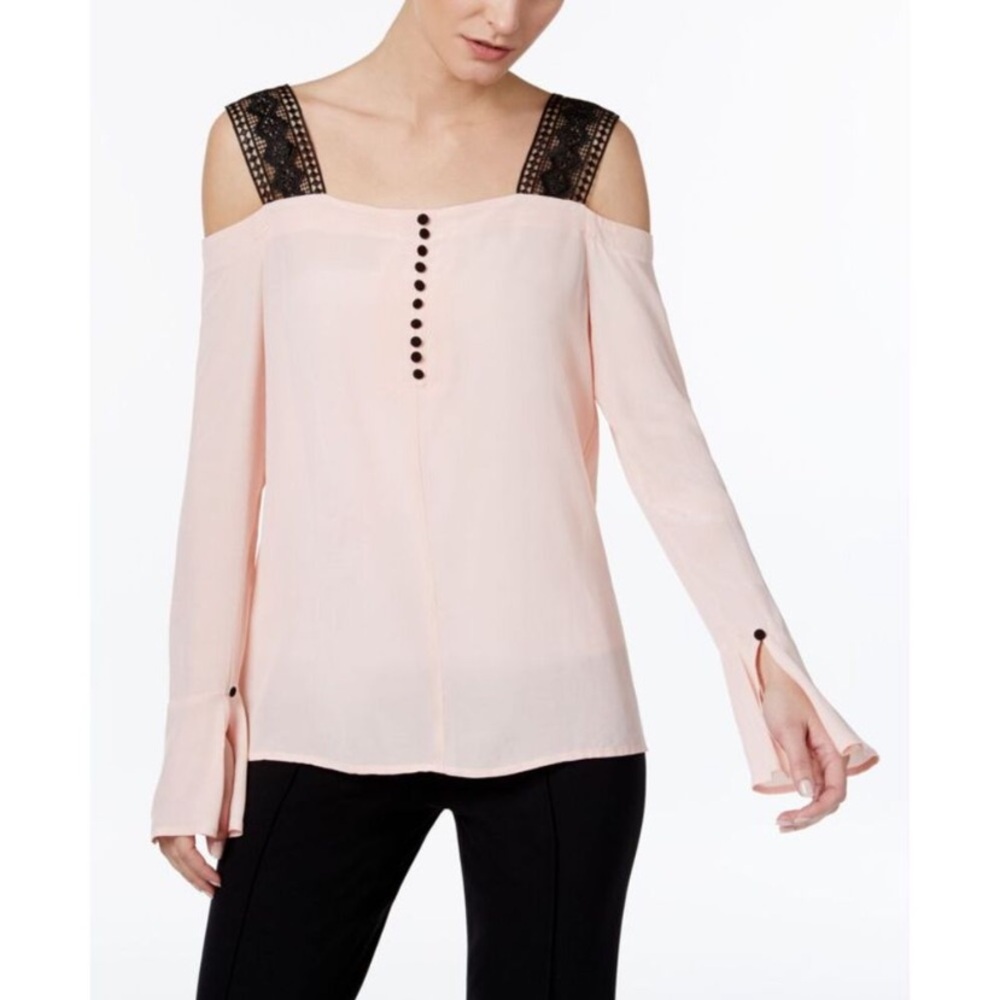YYIGAL Bobbi and Bricka Chic Pink with black lace cold shoulder sleeves